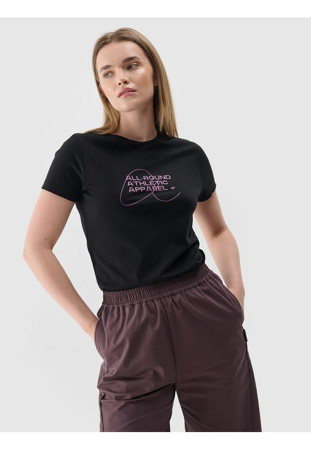 4f - 4F T-shirt slim z nadrukiem damski - czarny XS. Okazja: na co dzień. Kolor: czarny. Materiał: bawełna, jersey, dzianina. Wzór: nadruk. Styl: klasyczny, sportowy, casual