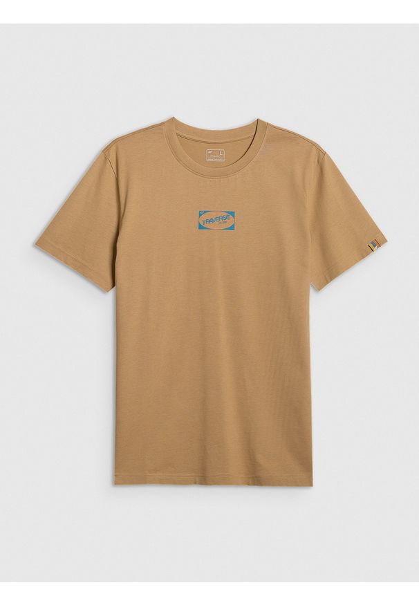 4f - 4F T-shirt regular z nadrukiem męski - beżowy L. Okazja: na co dzień. Kolor: beżowy. Materiał: dzianina, bawełna. Długość rękawa: krótki rękaw. Długość: krótkie. Wzór: nadruk. Styl: casual