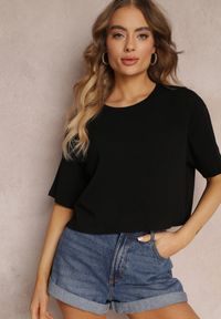 Renee - Czarny T-shirt o Fasonie Cropped Oversize Brighta. Kolor: czarny. Materiał: jeans #3