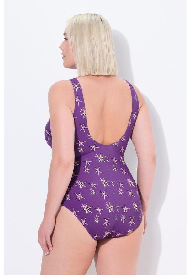ULLA POPKEN - Damskie Strój kąpielowy rozgwiazdy bez miękkich miseczek zdobna lamówka. Kolekcja: plus size. Kolor: fioletowy. Materiał: poliamid, poliester, materiał, elastan