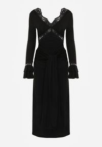 Renee - Czarna Wiskozowa Sukienka Wieczorowa z Falbanami Koronką i Wiązanym Trenem Lenivna. Okazja: na wesele, na ślub cywilny. Kolor: czarny. Materiał: wiskoza, koronka. Wzór: koronka. Styl: wizytowy #3