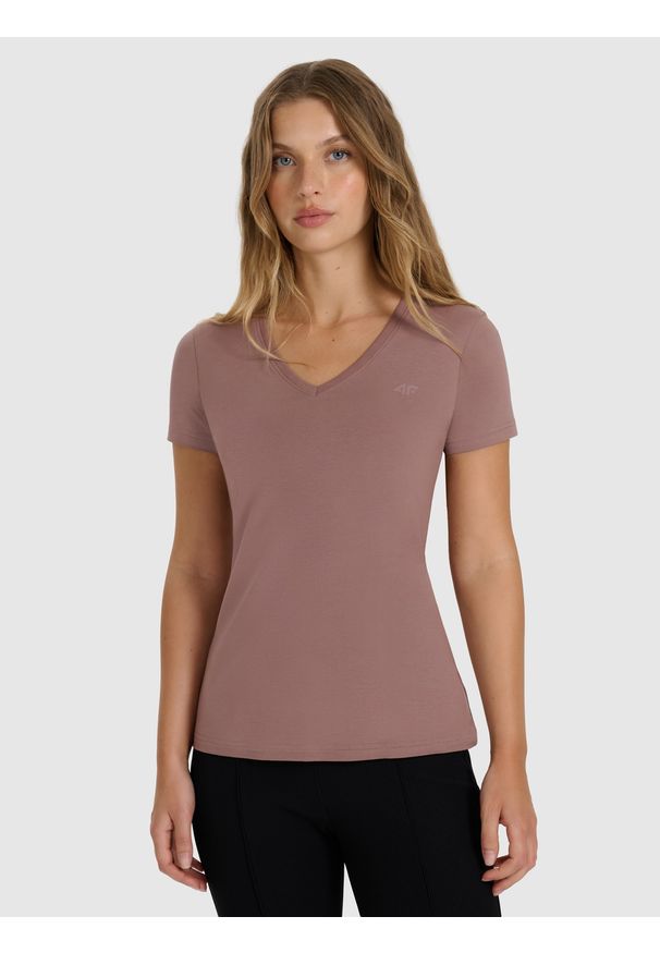 4f - 4F T-shirt slim gładki damski - beżowy XS. Okazja: na co dzień. Typ kołnierza: dekolt w serek. Kolor: beżowy. Materiał: bawełna, skóra. Wzór: gładki. Styl: casual