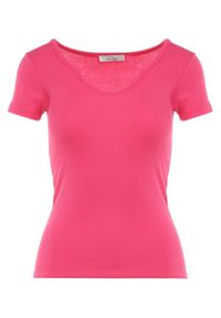 Born2be - Różowy T-shirt Caearis. Okazja: na co dzień. Kolor: różowy. Materiał: elastan, bawełna, materiał, prążkowany. Długość rękawa: krótki rękaw. Długość: krótkie. Sezon: lato. Styl: casual, klasyczny #5