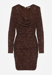 Born2be - Brązowa Dopasowana Sukienka Wieczorowa z Lejącym Dekoltem i Cekinami Siwedea. Okazja: na ślub cywilny, na wesele. Kolor: brązowy. Materiał: poliester. Długość rękawa: długi rękaw. Wzór: aplikacja. Styl: wizytowy #3