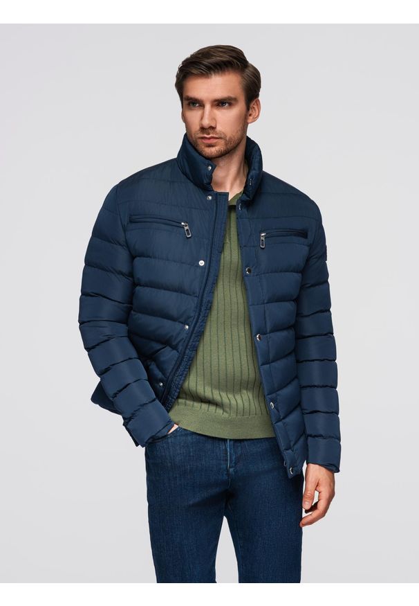 Ombre Clothing - Kurtka pikowana męska ze stójką i zamkami na klatce piersiowej – granatowa V2 - Rozmiar: XL. Okazja: na co dzień. Typ kołnierza: kołnierzyk stójkowy. Kolor: niebieski. Materiał: poliester, materiał. Styl: sportowy, casual, elegancki