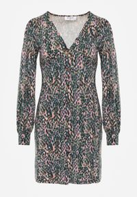 Renee - Zielona Wzorzysta Sukienka Mini z Głębokim Dekoltem i Mankietami Leossa. Kolor: zielony. Długość rękawa: długi rękaw. Długość: mini #5