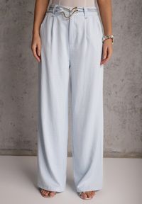 Renee - Niebieskie Spodnie Szerokie z Dodatkiem Bawełny High Waist z Metaliczną Klamrą Azaerixis. Okazja: na co dzień. Stan: podwyższony. Kolor: niebieski. Materiał: bawełna. Styl: casual #3