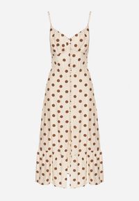 Born2be - Beżowa Wiskozowa Sukienka w Kropki na Ramiączkach Zapinana na Guziki Katilane. Okazja: na co dzień. Typ kołnierza: dekolt w serek. Kolor: beżowy. Materiał: wiskoza. Długość rękawa: na ramiączkach. Wzór: kropki. Sezon: wiosna, lato. Styl: klasyczny, casual, elegancki #3