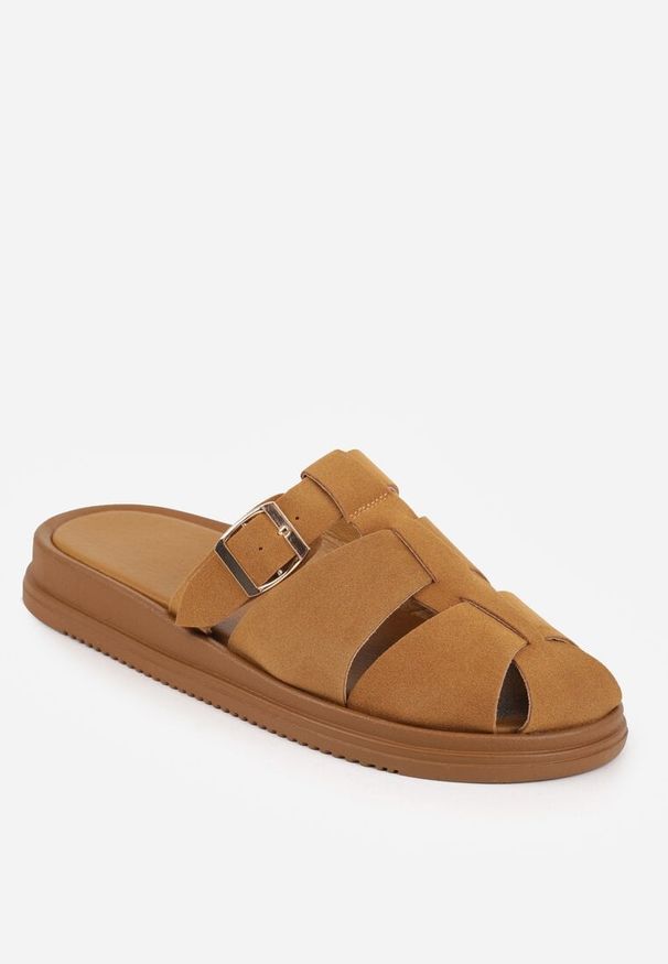 Renee - Brązowe Klapki z Zakrytym Noskiem i Ozdobnymi Paskami z Klamerką Themine. Kolor: brązowy. Materiał: nubuk, koronka. Sezon: lato