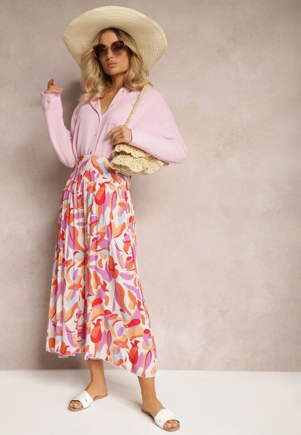 Renee - Beżowo-Różowe Spodnie Kuloty z Wiskozy High Waist z Gumką w Pasie Alaqinta. Okazja: na co dzień. Stan: podwyższony. Kolor: beżowy. Materiał: wiskoza. Styl: elegancki, casual