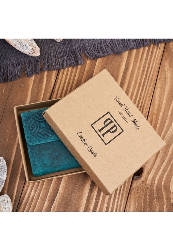 PAOLO PERUZZI - Portfel skórzany vintage Paolo Peruzzi T-114-HGR zielony. Kolor: zielony. Materiał: skóra. Wzór: geometria