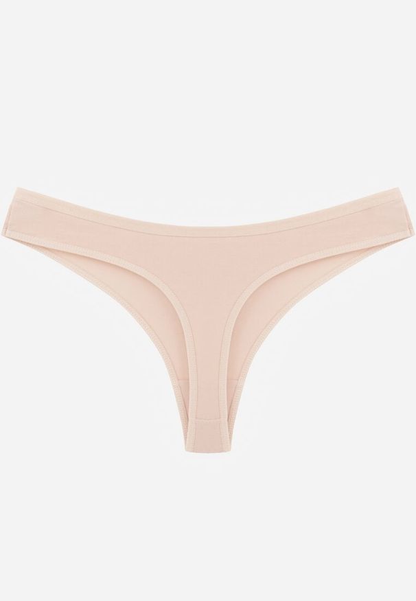 Renee - Beżowe Gładkie Majtki Stringi z Bawełną Chrysile. Kolor: beżowy. Materiał: bawełna. Wzór: gładki