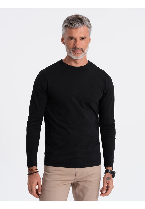 Ombre Clothing - Longsleeve męski BASIC z okrągłym dekoltem - czarny V1 OM-LSBL-0106 - XXL. Okazja: na co dzień. Kolor: czarny. Materiał: dzianina, bawełna, jersey. Długość rękawa: długi rękaw. Wzór: ze splotem. Styl: casual