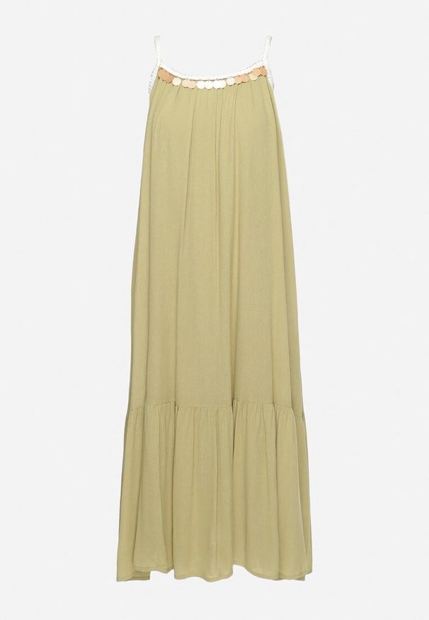 Born2be - Zielona Wiskozowa Sukienka z Ramiączkami Zdobiona Cekinami i Metaliczną Nitką Comalara. Okazja: na co dzień, na imprezę. Typ kołnierza: dekolt w serek. Kolor: zielony. Materiał: wiskoza. Długość rękawa: na ramiączkach. Wzór: aplikacja. Styl: casual