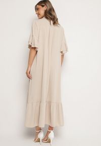 Born2be - Beżowa Sukienka Koszulowa z Ozdobną Falbanką Daviravie. Okazja: na co dzień. Kolor: beżowy. Typ sukienki: koszulowe. Styl: klasyczny, casual, elegancki #7