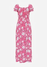 Renee - Różowa Kwiecista Sukienka o Rozkloszowanym Kroju z Marszczoną Górą Eliseria. Okazja: na imprezę. Typ kołnierza: dekolt w łódkę. Kolor: różowy. Materiał: materiał. Wzór: kwiaty. Typ sukienki: rozkloszowane. Styl: elegancki #3