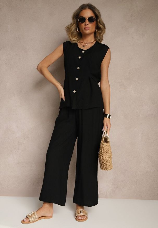 Renee - Czarny Komplet Spodnie i Bluzka z Regulacją w Talii Zapinana na Guziki Dovanelle. Kolor: czarny