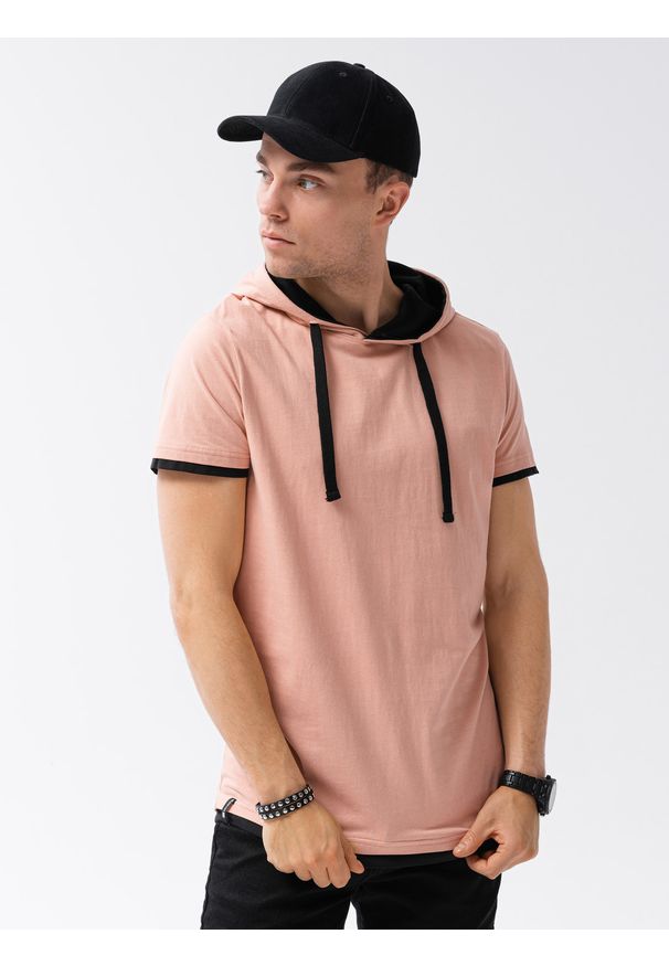 Ombre Clothing - T-shirt męski z kapturem bez nadruku S1376 - brzoskwiniowy - XXL. Okazja: na co dzień. Typ kołnierza: kaptur. Kolor: pomarańczowy. Materiał: dzianina, bawełna, jersey. Styl: klasyczny, casual