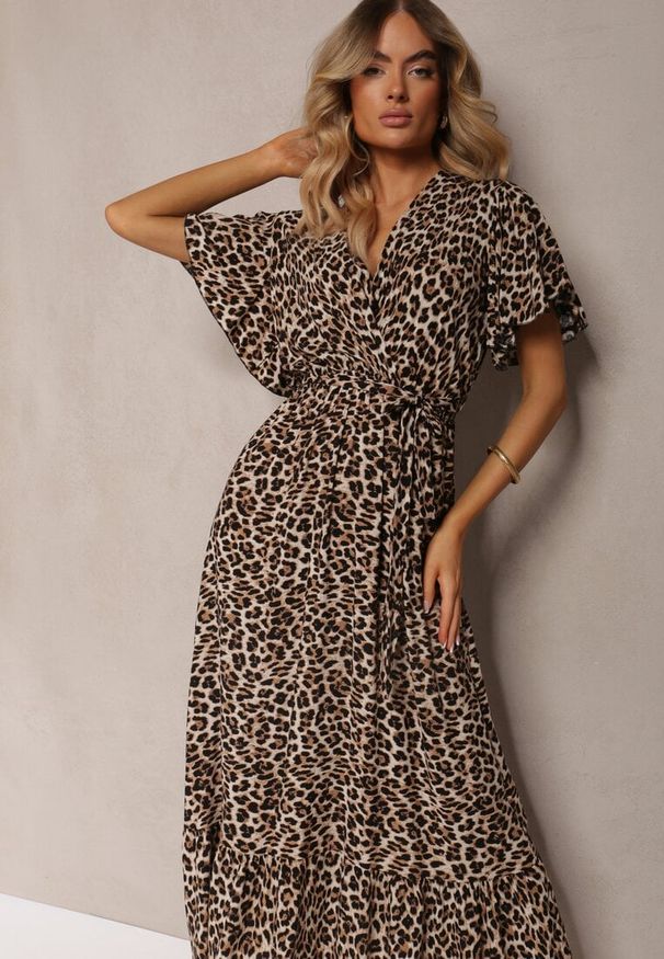 Renee - Brązowa Kopertowa Sukienka Bawełniana z Gumką w Talii i Materiałowym Paskiem Teslana. Okazja: na co dzień. Kolor: brązowy. Materiał: materiał, bawełna. Wzór: nadruk. Sezon: lato. Typ sukienki: kopertowe. Styl: casual