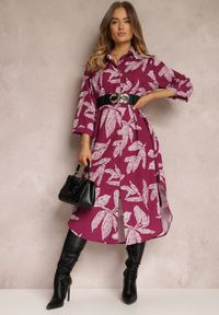 Renee - Fuksjowa Sukienka Koszulowa w Kwiaty Siois. Kolor: różowy. Wzór: kwiaty. Sezon: wiosna, jesień. Typ sukienki: koszulowe. Długość: midi #1
