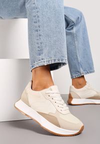 Renee - Ciemnobeżowe Sneakersy z Siateczkową Wstawką na Nosku Hlimeltia. Kolor: beżowy. Materiał: jeans, dresówka #6