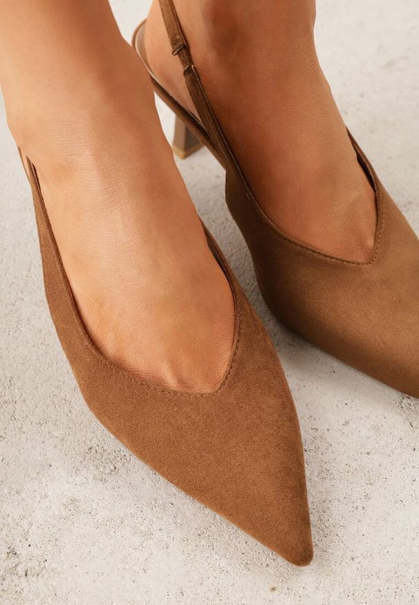 Renee - Brązowe Czółenka VICES Typu Slingback na Geometrycznej Szpilce Aziressa. Kolor: brązowy. Wzór: geometria. Obcas: na obcasie. Styl: elegancki. Wysokość obcasa: średni
