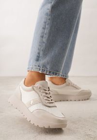 Born2be - Beżowe Sneakersy na Grubej Podeszwie ze Skórzaną Wkładką i Napisem Airarge. Okazja: na co dzień. Zapięcie: sznurówki. Kolor: beżowy. Materiał: skóra. Wzór: napisy #4