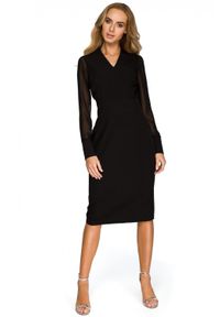 Sukienki.shop - Elegancka sukienka ołówkowa midi dekolt V szyfonowe rękawy czarna. Kolor: czarny. Materiał: szyfon. Typ sukienki: ołówkowe. Styl: elegancki. Długość: midi #3