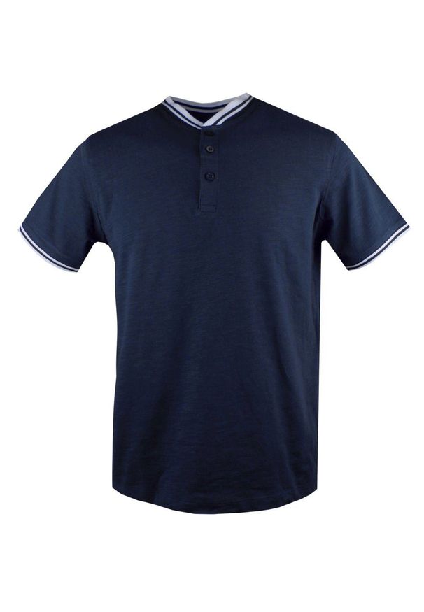 Męski T-Shirt, Dekolt z Guzikami - Pako Jeans - Kolor Granatowy. Okazja: na co dzień. Kolor: niebieski. Materiał: bawełna. Styl: casual