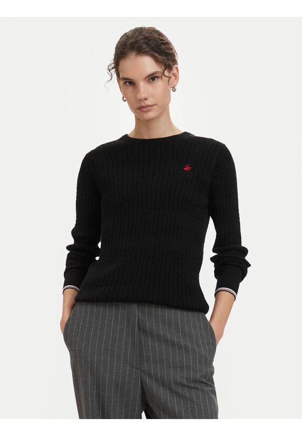 Beverly Hills Polo Club Sweter P-SS26W-M537390BLK Czarny Regular Fit. Typ kołnierza: polo. Kolor: czarny. Materiał: bawełna