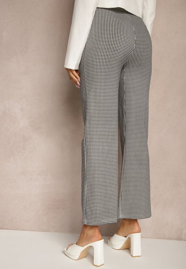 Renee - Czarno-Białe Spodnie z Bawełną o Szerokim Kroju High Waist z Wzorem Kraty Alimuna. Okazja: na co dzień. Stan: podwyższony. Kolor: czarny. Materiał: bawełna. Styl: klasyczny, elegancki, casual