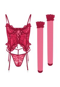 Intica - Komplet z koronkowym body na romantyczne wieczory Aileen. Kolor: czerwony. Materiał: koronka. Wzór: koronka