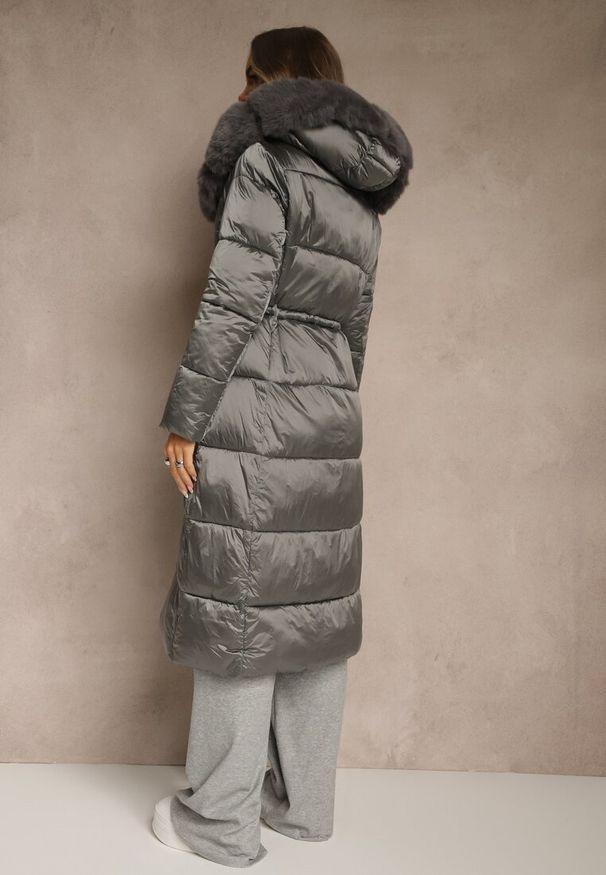 Renee - Szara Puchowa Kurtka Pikowana o Długim Kroju z Kapturem z Futerkiem Bavea. Okazja: na spacer, na co dzień. Typ kołnierza: kaptur. Kolor: szary. Materiał: futro, puch. Długość: długie. Styl: casual