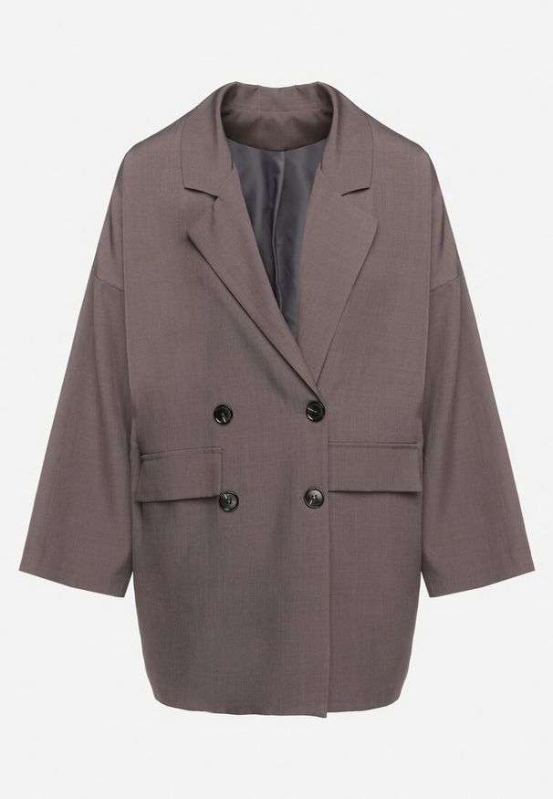 Born2be - Szara Marynarka Oversize Dwurzędowa z Imitacją Kieszeni Tinnielle. Okazja: na co dzień. Kolor: szary. Materiał: jeans. Styl: wizytowy, casual