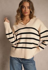 Renee - Czarno-Beżowy Sweter w Paski z Dekoltem w Serek z Kołnierzykiem Ralinavia. Okazja: na co dzień. Typ kołnierza: dekolt w serek. Kolor: czarny. Materiał: jeans. Długość rękawa: długi rękaw. Długość: długie. Wzór: paski. Styl: casual, klasyczny