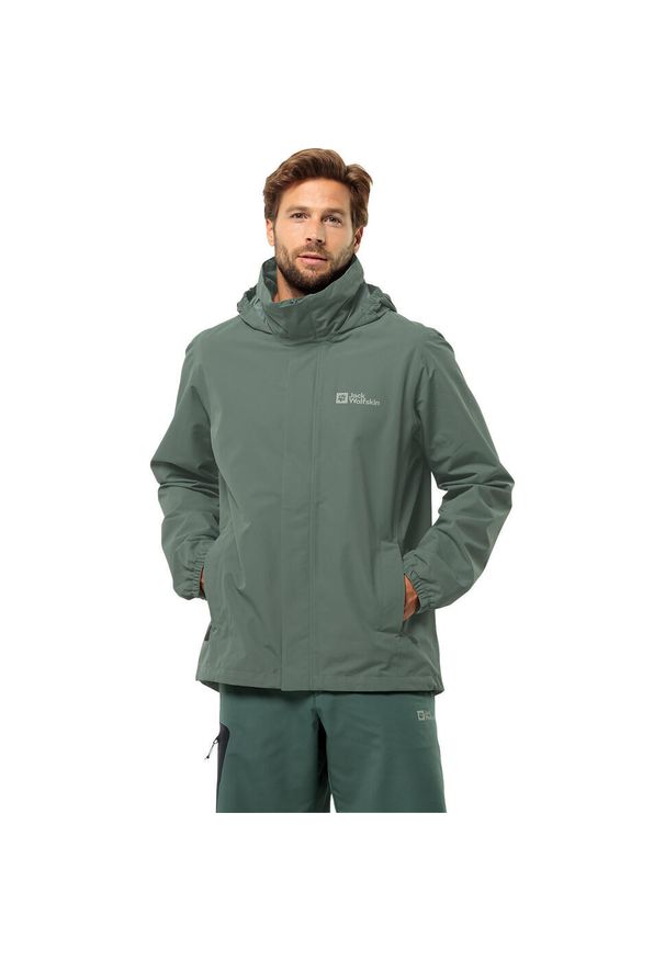 Kurtka uniwersalna męska Jack Wolfskin Stormy Point. Typ kołnierza: kaptur. Kolor: szary, zielony. Materiał: syntetyk. Sport: turystyka piesza