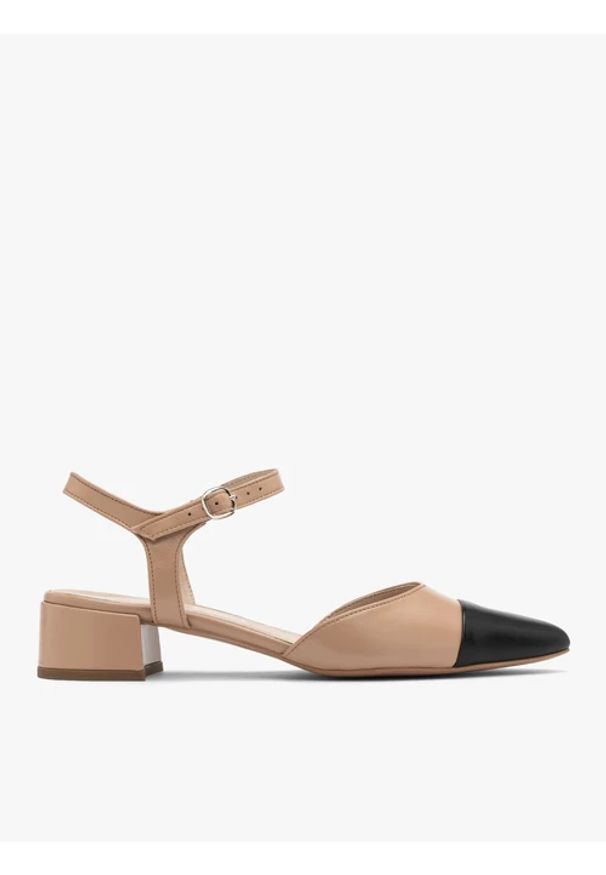 Ryłko - Beżowo-czarne czółenka z otwartą piętą. Nosek buta: otwarty. Kolor: beżowy. Materiał: skóra. Obcas: na obcasie. Styl: street. Wysokość obcasa: średni