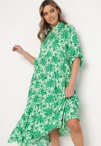 Born2be - Zielona Sukienka Maxi w Kwiatowy Wzór z Koszulową Górą Lithaia. Kolor: zielony. Długość rękawa: długi rękaw. Wzór: kwiaty. Sezon: lato, wiosna. Typ sukienki: koszulowe. Długość: maxi #7