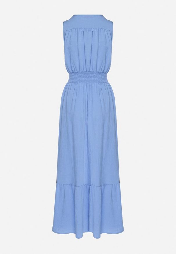 Born2be - Niebieska Sukienka o Rozkloszowanym Kroju Bez Rękawów z Kopertowym Dekoltem Filoria. Typ kołnierza: dekolt kopertowy. Kolor: niebieski. Długość rękawa: bez rękawów. Typ sukienki: kopertowe. Styl: elegancki