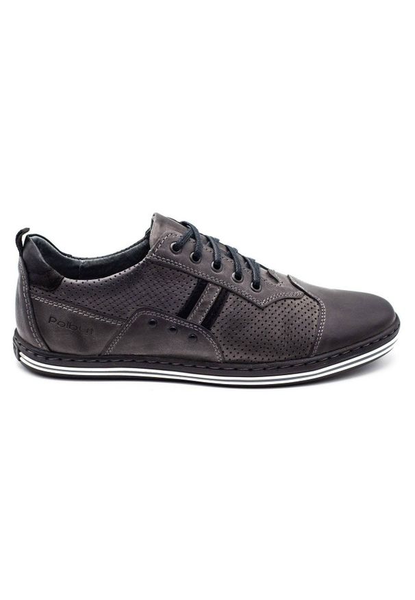 Polbut Buty męskie casual 1801P szare. Okazja: na co dzień. Zapięcie: pasek. Kolor: szary. Materiał: skóra, jeans. Wzór: paski. Sezon: jesień, wiosna, lato. Styl: casual