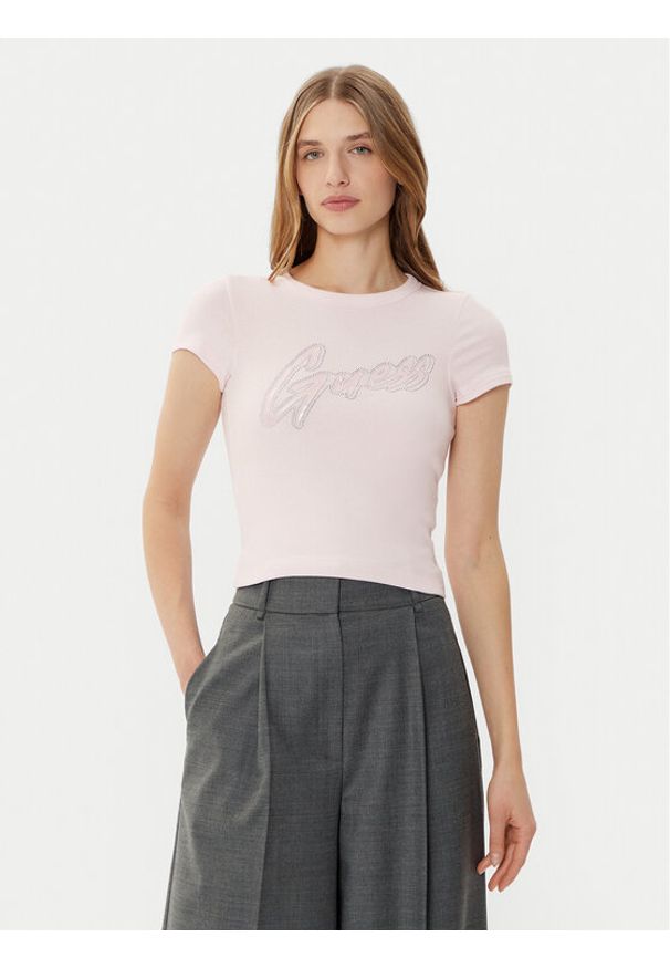 Guess T-Shirt W5RI68KA0H1 Różowy Slim Fit. Kolor: różowy. Materiał: bawełna