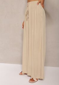 Renee - Beżowe Szerokie Spodnie High Waist z Gumką w Talii Ilnena. Okazja: na co dzień. Stan: podwyższony. Kolor: beżowy. Styl: klasyczny, casual, elegancki #5