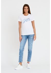 Guess - GUESS Biały damski T-shirt bawełniany STONES&EMBRO TEE, Rozmiar M. Kolor: biały. Materiał: bawełna