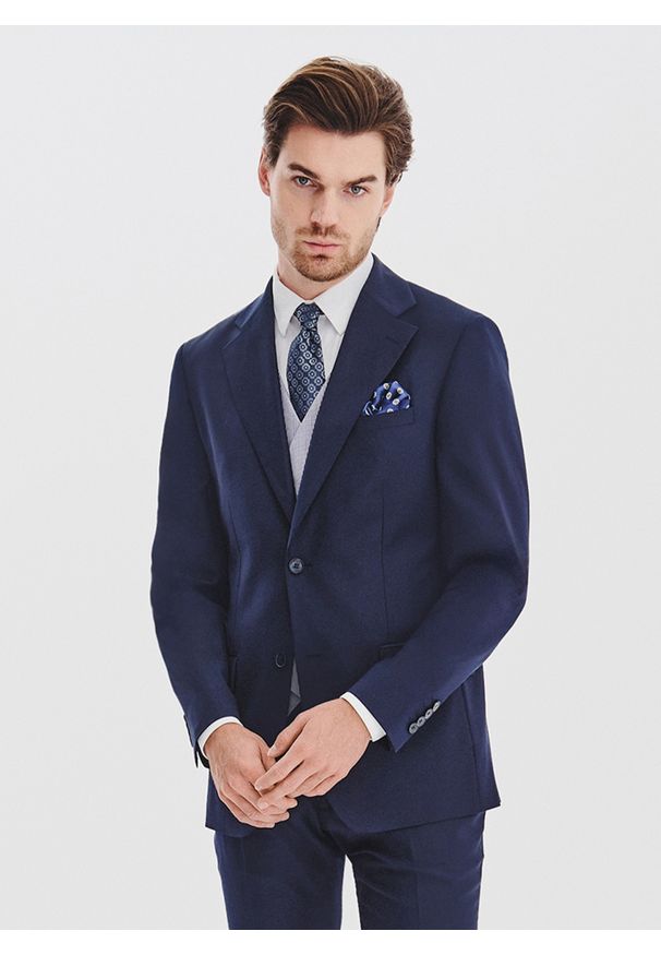 Pako Lorente - PAKO LORENTE - Granatowa marynarka garniturowa z wełną. Okazja: na spotkanie biznesowe. Kolor: niebieski. Materiał: wełna. Styl: biznesowy