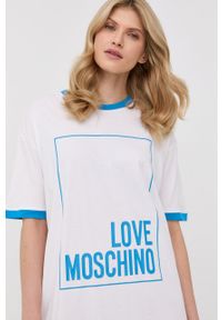 Love Moschino sukienka bawełniana kolor biały mini oversize. Kolor: biały. Materiał: bawełna. Długość rękawa: krótki rękaw. Wzór: nadruk. Typ sukienki: oversize. Długość: mini #3