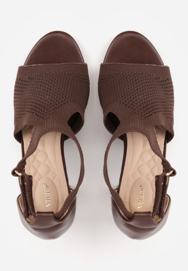 Renee - Brązowe Sandały Soft Fit VICES na Obcasie w Stylu Botków z Elastyczną Ażurową Cholewką Comfort Omphopis. Zapięcie: rzepy. Kolor: brązowy. Materiał: materiał, jeans. Wzór: ażurowy. Obcas: na obcasie. Wysokość obcasa: średni