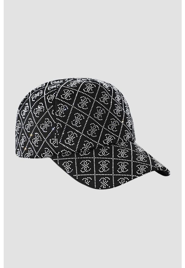 Guess - GUESS Czarna damska czapka z cyrkoniami. Kolor: czarny. Wzór: aplikacja