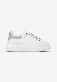 Born2be - Biało-Srebrne Sneakersy Naimasa. Nosek buta: okrągły. Kolor: biały. Materiał: skóra ekologiczna. Szerokość cholewki: normalna. Wzór: jednolity, gładki #5