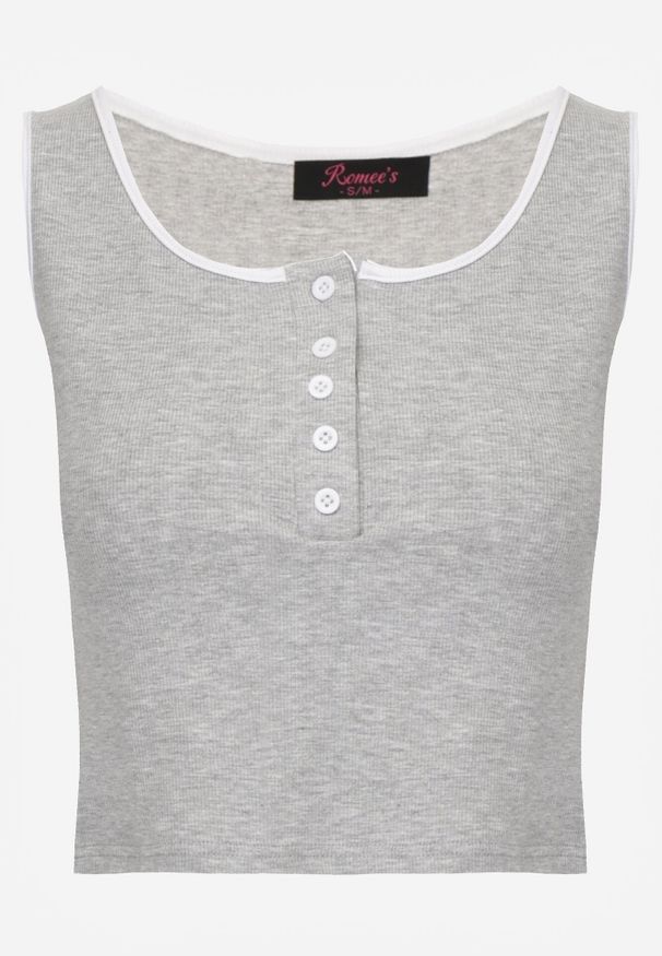 Born2be - Szary Bawełniany Top w Prążki z Guzikami przy Dekolcie Bervise. Okazja: na co dzień. Kolor: szary. Materiał: bawełna. Wzór: prążki. Styl: casual