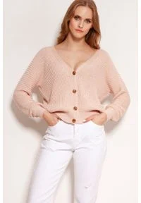 Lanti - Sweter w Prążki Zapinany na Guziki - Różowy. Kolor: różowy. Materiał: akryl, bawełna. Wzór: prążki